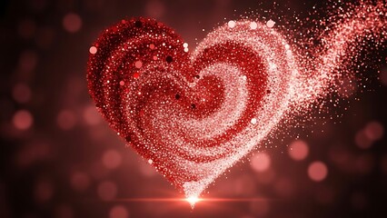 Sparkling red glitter heart shape created from swirling particles dissolving into a bright light source against a dark romantic background perfect for love concepts