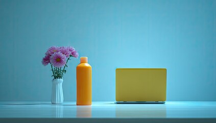 Pink flowers, orange bottle, and yellow laptop on a reflective surface.