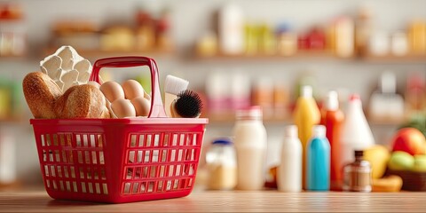 Red basket filled with groceries on wooden surface with blurred store background
