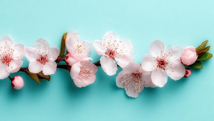 Delicate pale pink blossoms adorn a slender branch against a soft blue background.