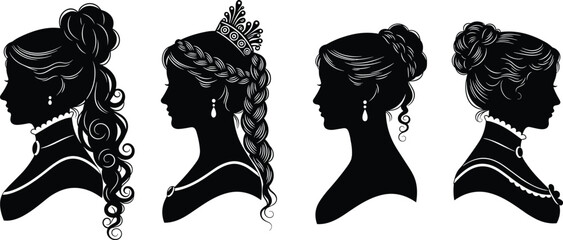 elegant vintage woman silhouette portraits, royal princess female profile illustration, classic victorian hairstyle collection, black vector lady artwork, beauty fashion design © LITON WORLD