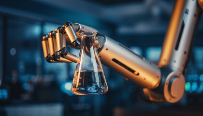robotic arm handling a glass flask with liquid in a laboratory setting.