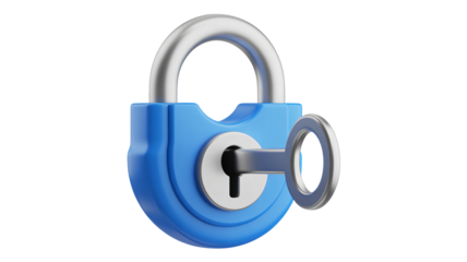 Padlock with key in bright blue color on white background in 3D rendering for security