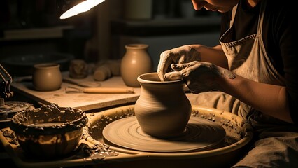 Potter shaping clay on wheel.
