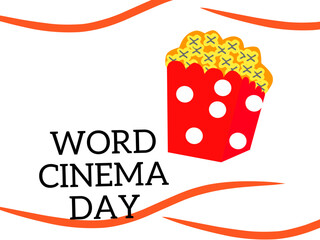 Cinema day vector illustration with popcorn bucket and 3d glasses. One line drawing art illustration with lettering world cinema day.