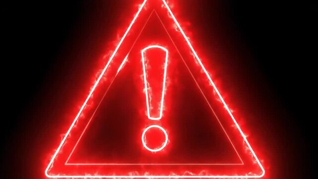 Neon Red Warning Sign on Black Background Alerting Danger.