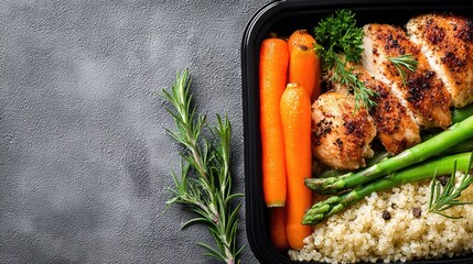 Gourmet meal with grilled chicken, quinoa, and fresh vegetables is ready.