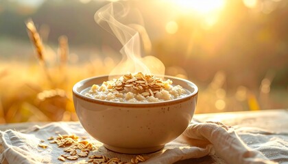 Nutritious Steaming Oatmeal in Ceramic Bowl for Healthy Breakfast During National Oatmeal Month