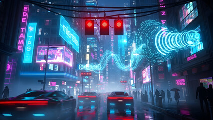 A futuristic cityscape at night with neon lights and bustling traffic