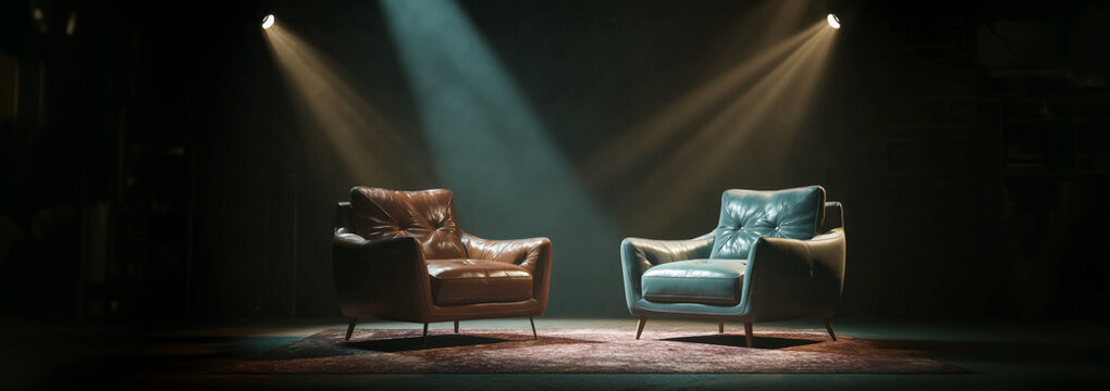 Professional Interview Studio, Elegant Teal Brown Leather Armchairs, Dramatic Spotlight Lighting Rays, Business Negotiation Space, Cinematic Broadcast Backdrop, Panoramic Background, Copy Space