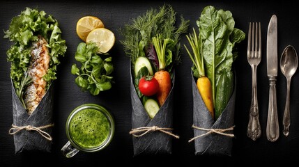Healthy fish and vegetable wraps with fresh greens and juice.