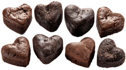 Collection of delicious heart shaped chocolate brownies on transparent background area