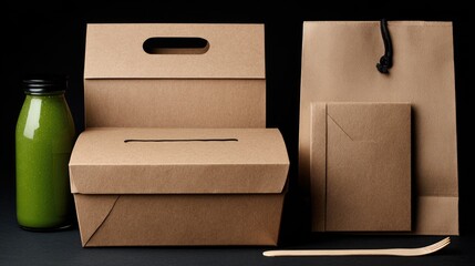 Food packaging set includes drink bottle, boxes, bag and utensil.