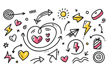 Abstract doodle elements with hearts arrows and lightning bolts Keywords: heart, arrow, lightning