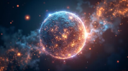 Glowing celestial planet radiates brilliant orange and blue light amidst cosmic dust clouds in deep space imagery