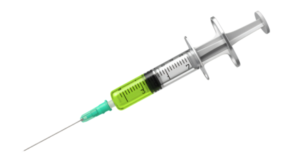 Syringe with green liquid in close-up shot with bright studio lighting on white background for medical advertising