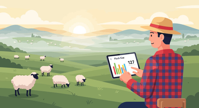 Farmer uses tablet to manage sheep flock on a green hill landscape.