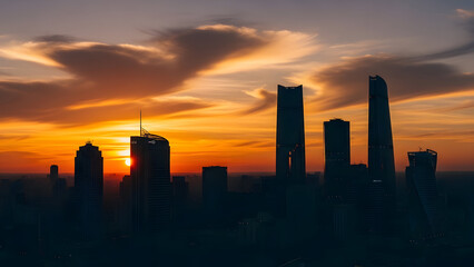 A city skyline at sunset with skyscrapers silhouetted against a vibrant orange and yellow sky