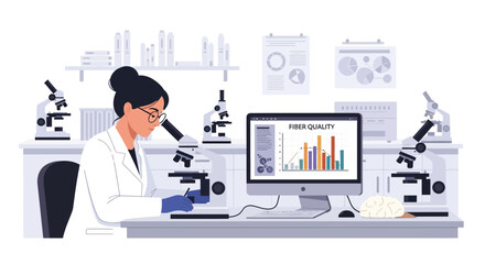 Scientist working in a modern laboratory with microscopes and computer.