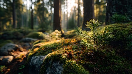 Fototapeta premium Nature scene of a young pine sapling growing on a mossy forest floor with sunbeams filtering through tall trees during the golden hour.