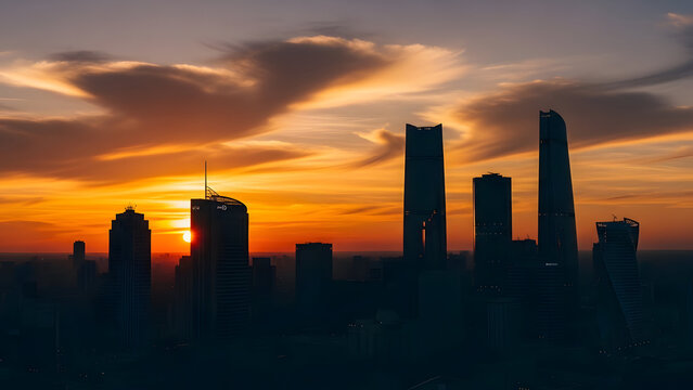 A city skyline at sunset with skyscrapers silhouetted against a vibrant orange and yellow sky - Powered by Adobe