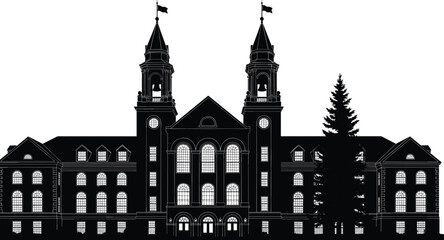 Historic university building silhouette with clock towers, vintage architecture landmark, academic campus institution, classical educational structure, heritage college exterior illustration design
