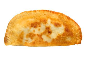 A large homemade cheburek with meat on a white background. Pie with filling close-up