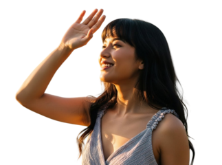 Woman joyfully waving hand isolated on transparent background
