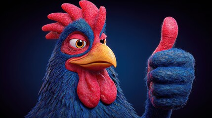 This colorful rooster with a thumbs up is full of personality and positive vibes.