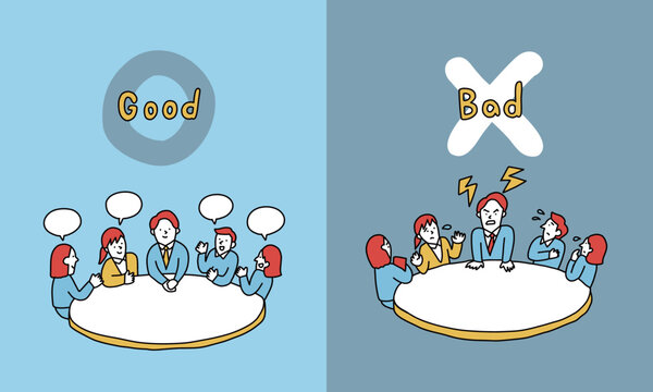 組織を活性化させる良いマネージャーと高圧的で萎縮させるマネージャーの比較イラスト