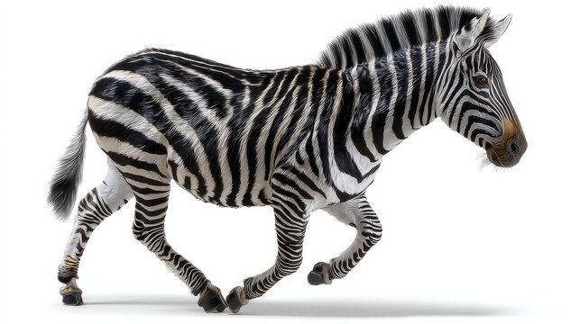 A digitally rendered zebra with a unique striped pattern, portrayed in a dynamic running motion against a plain background