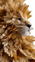 Intricate layered paper model of a lion's mane showcasing detailed textures and rich golden hues
