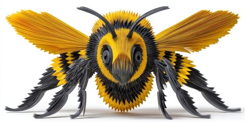 Colorful model of a bee made from yellow and black materials showcasing intricate details and three-dimensional texture