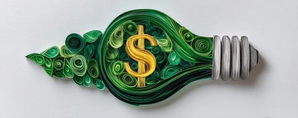 A lightbulb decorated with intricate green patterns and a golden dollar sign, symbolizing creativity and finance