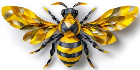 Realistic depiction of a bee with intricate details and yellow and black colors, showcasing its wings and body structure