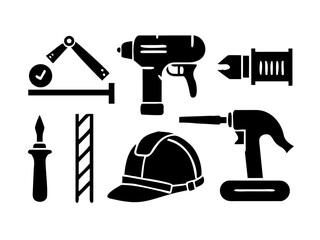 Construction Tools Icon Set featuring Hammer, Power Drill, Safety Helmet, and Building Equipment for Industrial and Home Improvement Projects