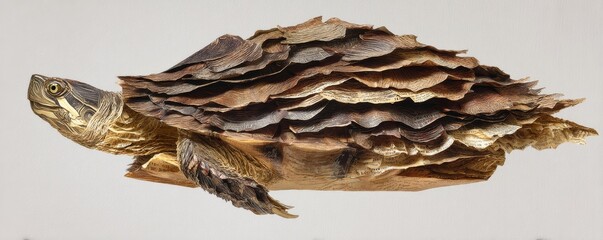 Detailed depiction of a turtle shell crafted from layered paper, showcasing intricate textures and earthy tones