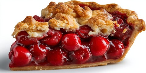 Isolated slice of cherry pie with a golden crust, topped with sugar, showcasing vibrant red cherries and glossy filling