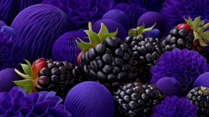 Layered blackberries surrounded by vibrant deep purple flora, creating a visually striking composition