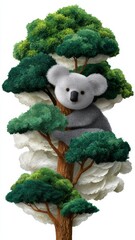 Layered paper art of a koala hugging a tree surrounded by green foliage, showcasing intricate design and texture