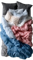 A neatly arranged bed with an array of colorful pillows and a cozy blanket, evoking comfort and relaxation