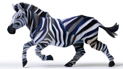 Paper zebra sculpture with a striking striped pattern, minimalist aesthetic, and dynamic pose against a clean background