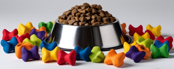 Pet food bowl filled with kibble surrounded by colorful small toys on a neutral background