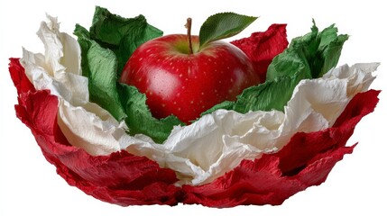 A red apple placed in a decorative bowl made of crumpled red, white, and green fabric, symbolizing freshness and vibrant colors