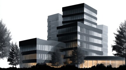 Silhouette of a modern office building with geometric shapes surrounded by trees and foggy atmosphere