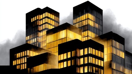Silhouette of modern office buildings illuminated at dusk with a dramatic foggy atmosphere