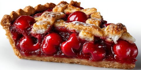Slice of cherry pie with visible red cherries and a golden crust, garnished with powdered sugar on a white background