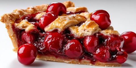 A slice of cherry pie with a golden crust, topped with fresh red cherries, isolated on a clean surface