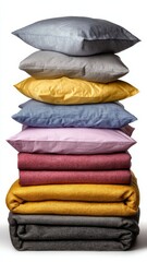 Stack of colorful pillows in various patterns and textures, creating a vibrant and cozy atmosphere
