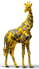 A vibrant paper giraffe sculpture featuring yellow spots against a white background, showcasing intricate layering and artistic craftsmanship